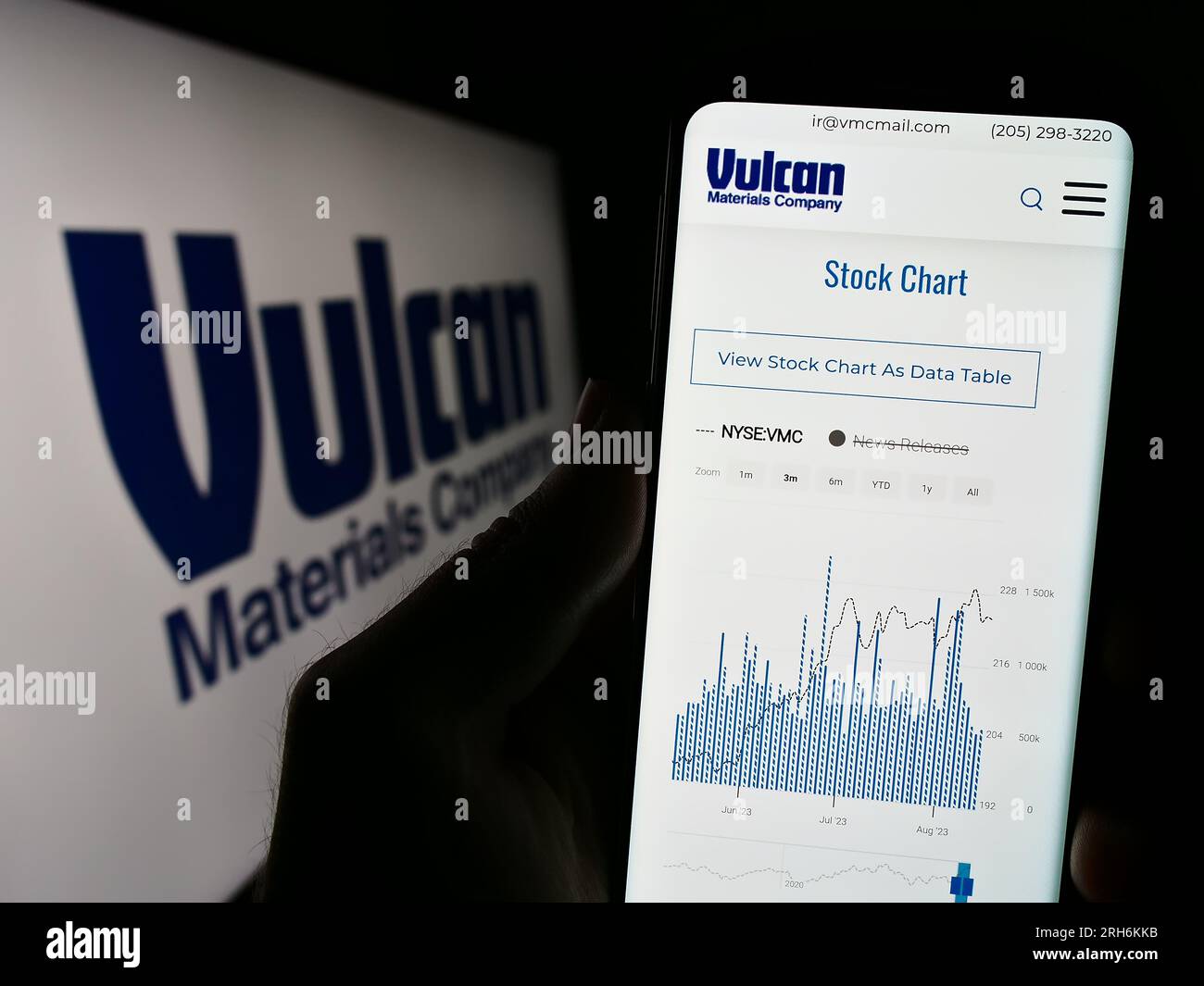 Personne tenant le smartphone avec le site Web de l'entreprise américaine Vulcan Materials Company sur l'écran devant le logo. Concentrez-vous sur le centre de l'écran du téléphone. Banque D'Images