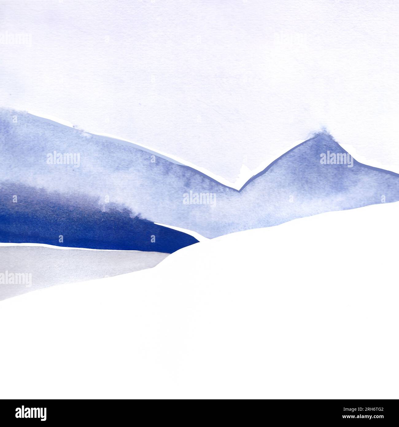Paysage de montagne aquarelle. Vue hivernale. Scène pour le ski. Fond abstrait coloré. Bleu et blanc. Art mural affiche. Illustration. Banque D'Images
