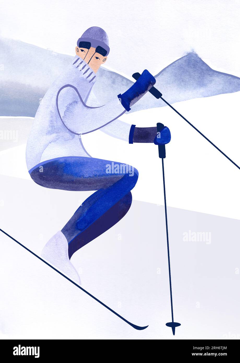 Affiche à l'aquarelle A3 avec un skieur à la station. Carte postale. Art mural Paysage de montagne. Jours fériés. Vue hivernale. Fond blanc et bleu. Intérieur pa Banque D'Images