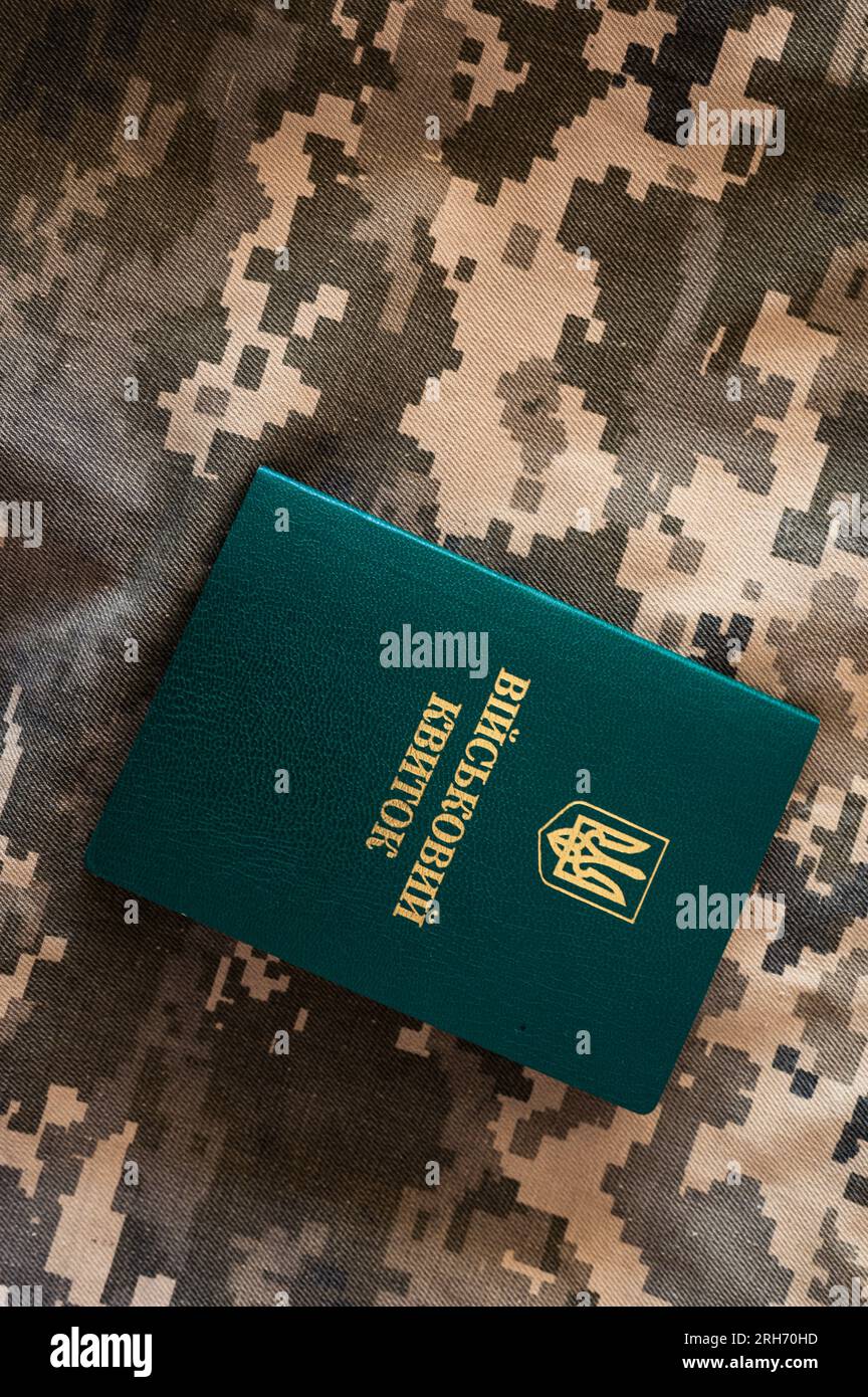 Identité militaire ukrainienne citoyenneté doc. Fond de camouflage pixel Banque D'Images