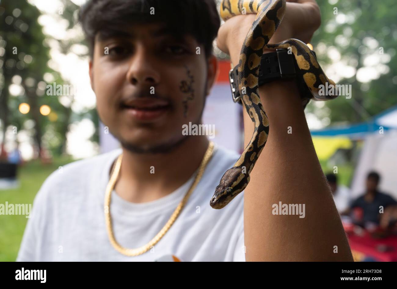 Un garçon nommé Ritesh Sarma montre son serpent de compagnie un python ball dans une exposition, le 14 août 2023 à Guwahati, Assam, Inde. Les pythons sphériques sont un type populaire de serpent de compagnie connu pour leur tempérament calme et leur taille relativement petite par rapport aux autres espèces de serpents. Ils sont originaires de l'Afrique de l'Ouest et du Centre et sont généralement gardés en captivité dans le monde entier. Crédit : David Talukdar/Alamy Live News Banque D'Images
