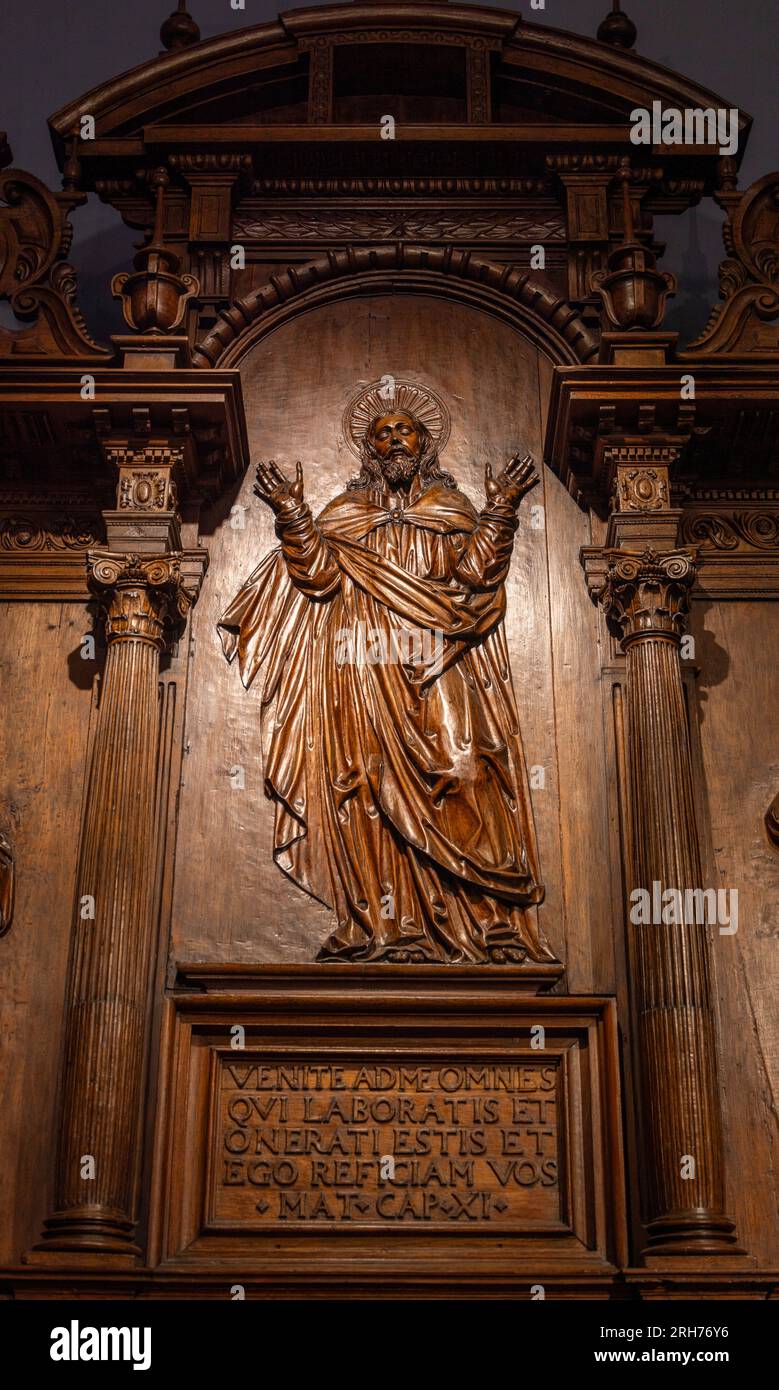 Sculpture en bois en relief du Christ, sacristie, cathédrale de Lima, Pérou Banque D'Images