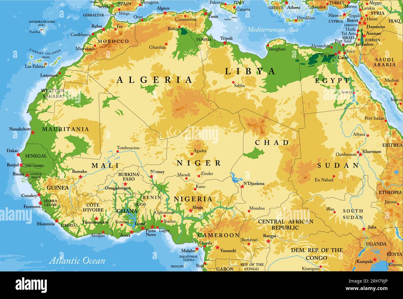 Carte physique très détaillée du nord et de l'ouest de l'Afrique en format vectoriel, avec toutes les formes de relief, les régions et les grandes villes. Illustration de Vecteur