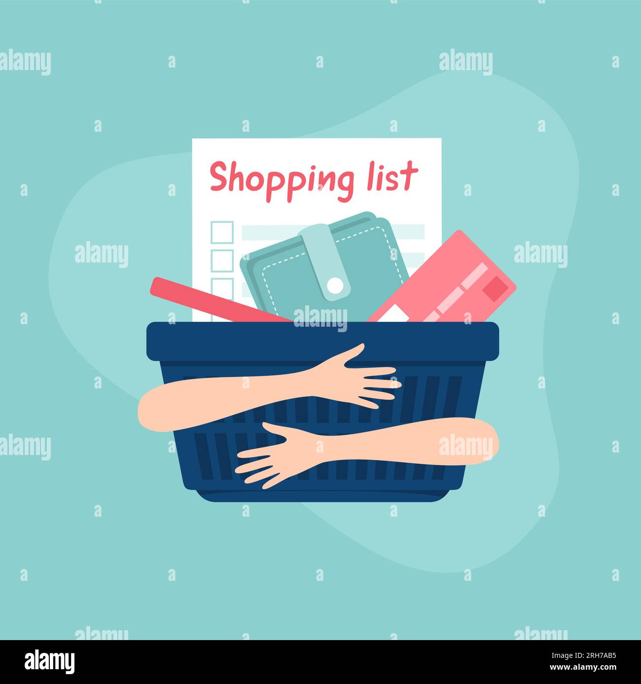 Deux mains serrant un panier de supermarché avec une liste de courses, un portefeuille et une carte de crédit à l'intérieur. Illustration vectorielle à plat Illustration de Vecteur