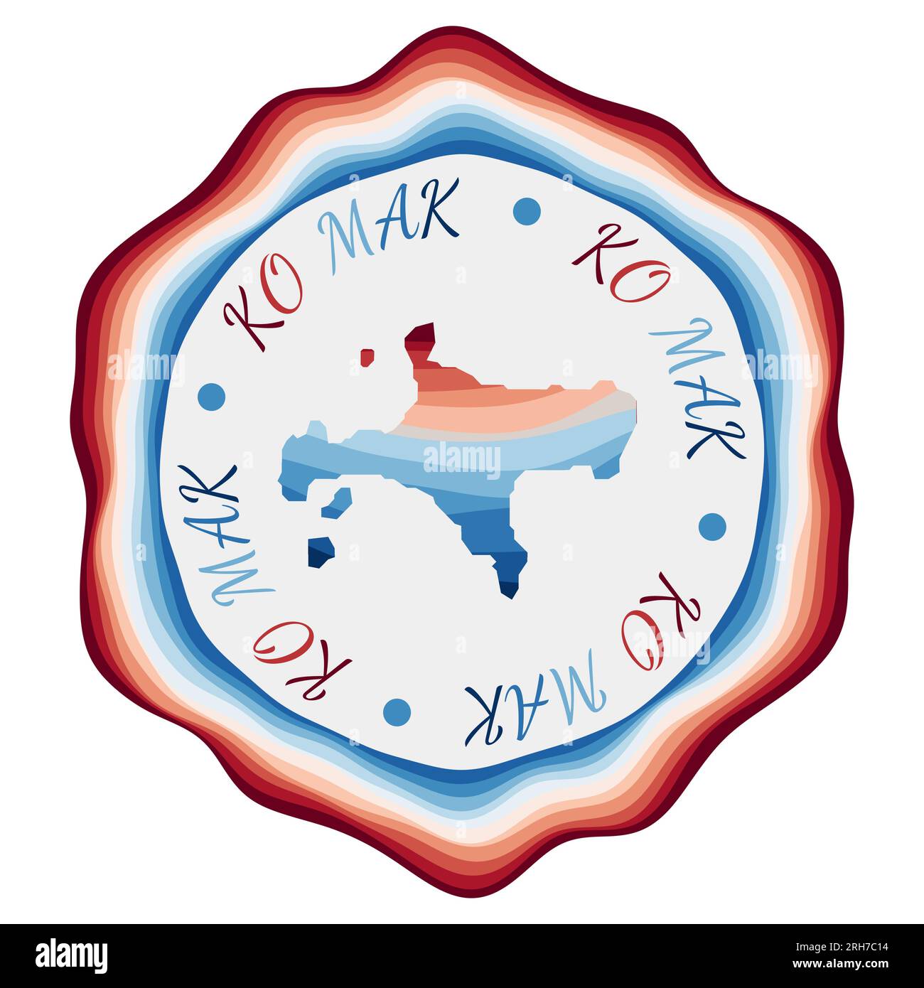 Badge Ko Mak. Carte de l'île avec de belles vagues géométriques et un cadre bleu rouge vibrant. Logo Ko Mak rond vif. Illustration vectorielle. Illustration de Vecteur