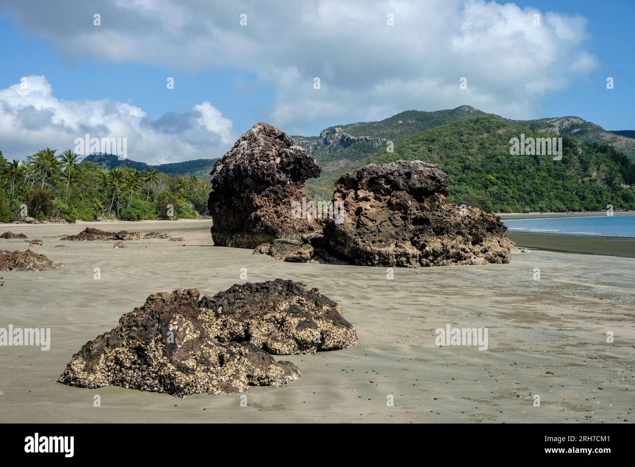 Formation rocheuse volcanique sur la plage de Casuarina, parc national de Cape Hillsborough, Queensland, Australie Banque D'Images