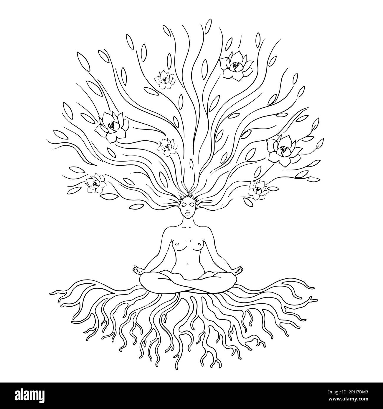Une femme dans la position du lotus est engagée dans le yoga, les pratiques spirituelles. Arbre comme symbole de la vie, racines et branches avec des fleurs. Fusion avec la nature, la féminité, le symbolisme. Pour les logos, emblèmes, etc Illustration vectorielle Illustration de Vecteur
