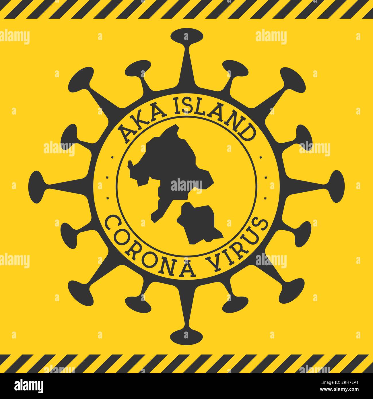 Coronavirus dans le signe de l'île Aka. Badge rond avec forme de virus et carte aka. Tampon de confinement de l'épidémie de Yellow Island. Illustration vectorielle. Illustration de Vecteur