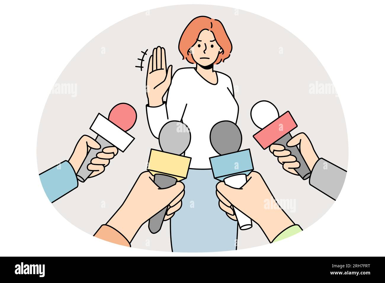 Une femme ne fait aucun geste de commentaire lors d'une entrevue avec des reporters. Le panneau d'arrêt de spectacle féminin refuse de parler avec les journalistes. Illustration vectorielle. Illustration de Vecteur