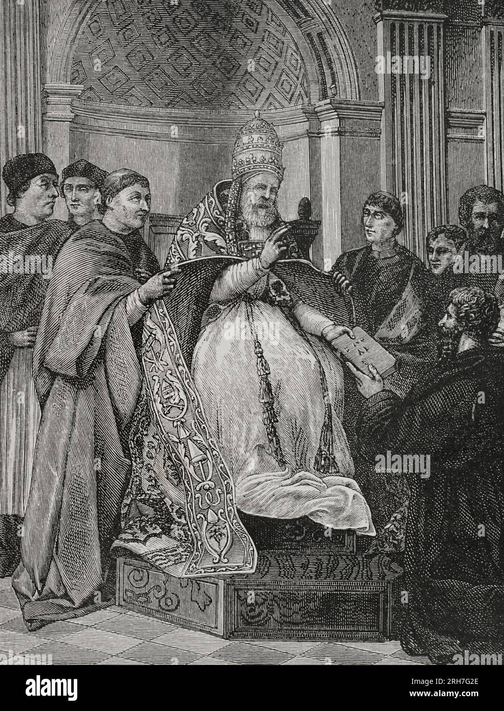 Grégoire IX (1170-1241) Pape de l'Église catholique (1227-1241). Grégoire IX recevant les décrétales compilées par Saint Raymond de Peñafort. Gravure de Huyot d'après une fresque de Raphaël dans le Stanze de Raphaël. « Vie militaire et religieuse au Moyen Age et à l'époque de la Renaissance ». Paris, 1877. Banque D'Images