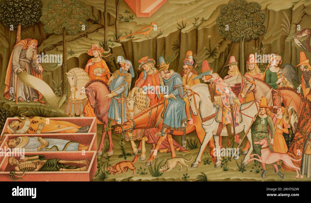 Le Triomphe de la mort. Le rêve de la vie. Les chevaliers célébrant une chasse trouvent soudainement trois cercueils ouverts. Un des cadavres est réduit à un squelette. Les deux autres sont à moitié décomposés. Chromolithographie d'après une fresque d'Andrea Orcagna, 14e siècle, dans le cloître du Camposanto à Pise. Vie militaire et religieuse au Moyen Age et a l'époque de la Renaissance. Paris, 1877. Banque D'Images