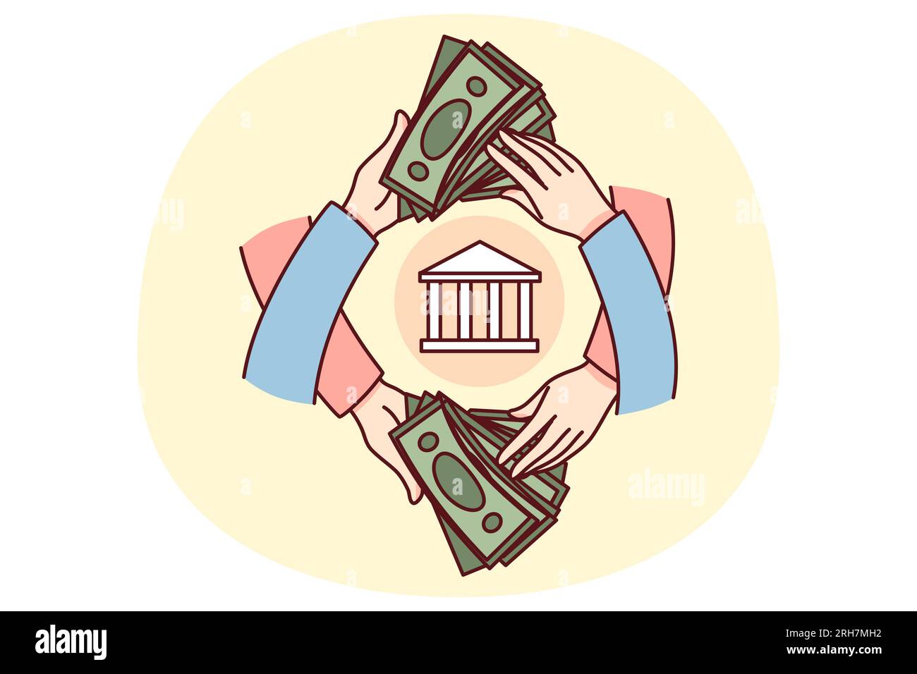 Les personnes détenant des billets en dollars effectuant des opérations financières par le biais de la banque. Mains avec transfert ou transaction de factures d'argent. Concept d'économie. Illustration vectorielle. Illustration de Vecteur