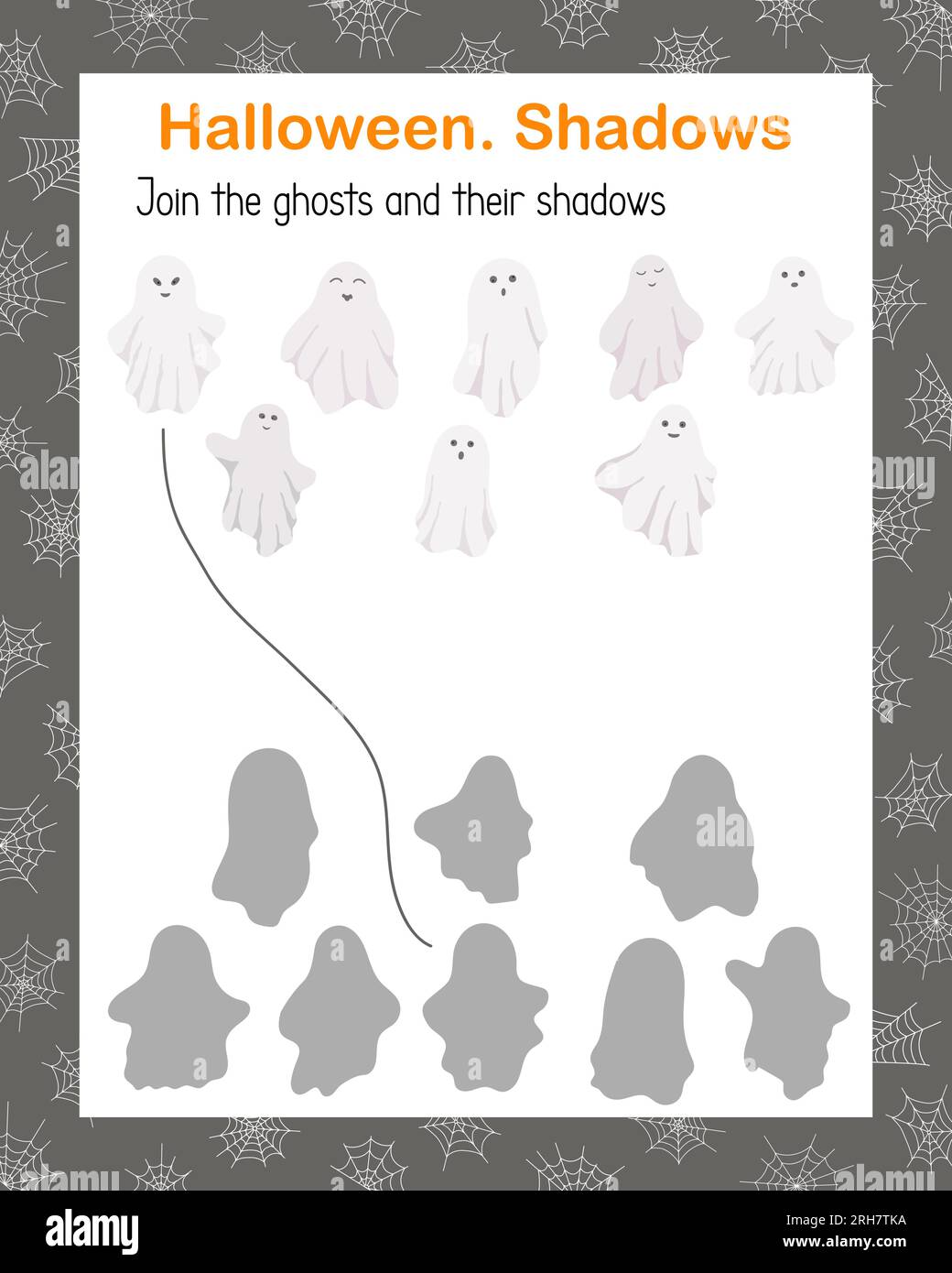 Fantômes mignons, jeu de correspondance d'ombres, feuille de travail imprimable d'activité de loisirs d'enfants de vacances d'Halloween, illustration vectorielle de jeu éducatif, ressources d'enseignants pour l'école primaire, maternelle, préscolaire Illustration de Vecteur