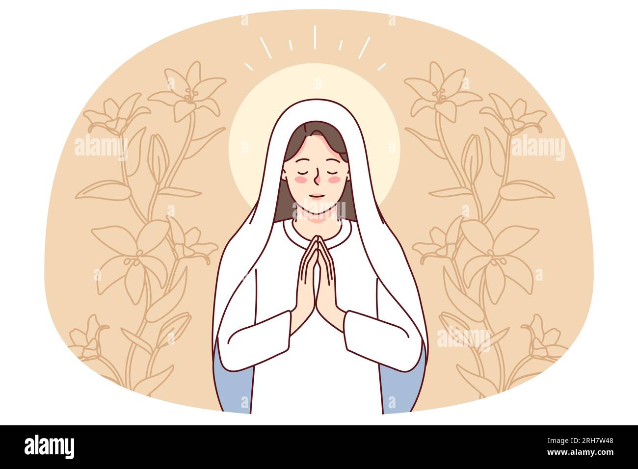La Vierge Marie est entourée de lys priant. Mère de Jésus Christ dans la prière. Foi et religion. Illustration vectorielle. Illustration de Vecteur