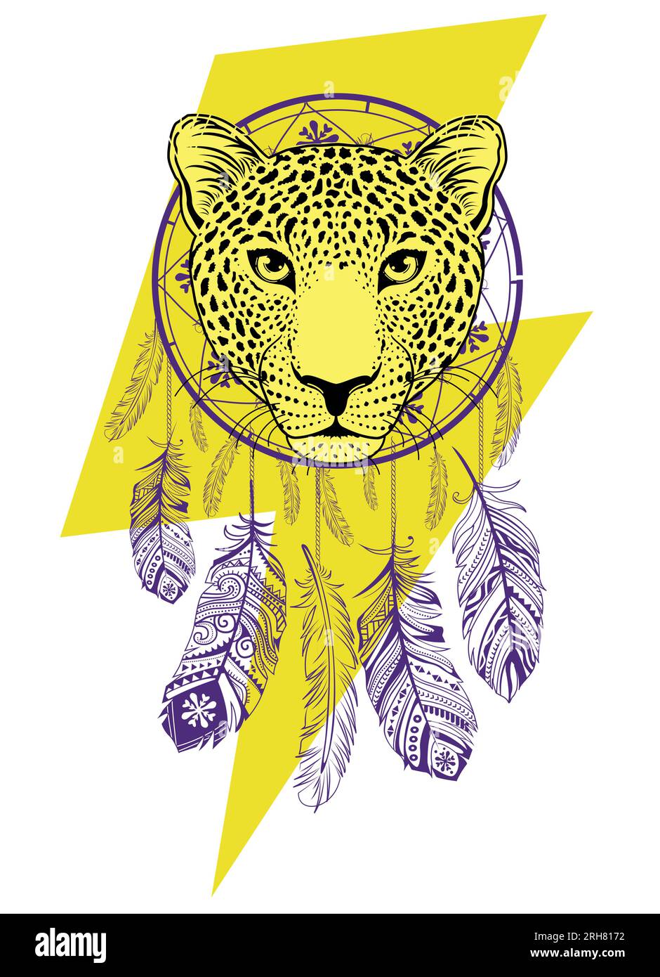 Conception pour un t-shirt tête de léopard à côté du symbole de coup de foudre et un attrape-rêve. Illustration vectorielle bonne pour la journée des animaux en voie de disparition. Illustration de Vecteur