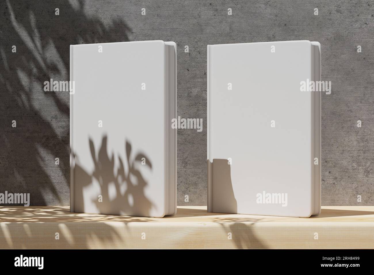 Maquette de deux livres qui se tiennent sur une étagère en bois avec un mur en béton gris. Maquette pour votre conception de couverture, cahier. Couverture vierge pour votre conception. 3d re Banque D'Images