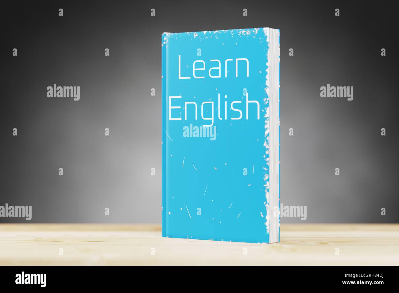 Le manuel d'anglais est sur une étagère en bois. Apprentissage de l'anglais. Grammaire anglaise. Apprendre le livre anglais pour l'apprentissage des langues. Rendu 3D. Banque D'Images