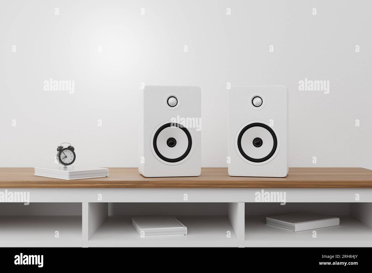 Les enceintes de musique blanches se tiennent sur une table en bois. Haut-parleurs de musique dans la pièce. Haut-parleurs de musique à l'intérieur. rendu 3d. Banque D'Images