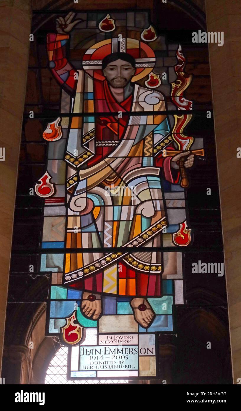 Fenêtre de Jean Emerson à l'église de St Peter et St Wilfrid, cathédrale, Liberty court House, Minster Rd, Ripon, Yorkshire du Nord, Angleterre, Royaume-Uni, HG4 1QT Banque D'Images