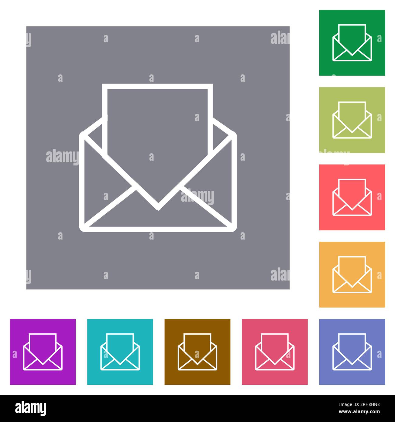 Ouvrez le courrier avec des icônes plates de contour de lettre vierges sur des arrière-plans carrés de couleur simple Illustration de Vecteur