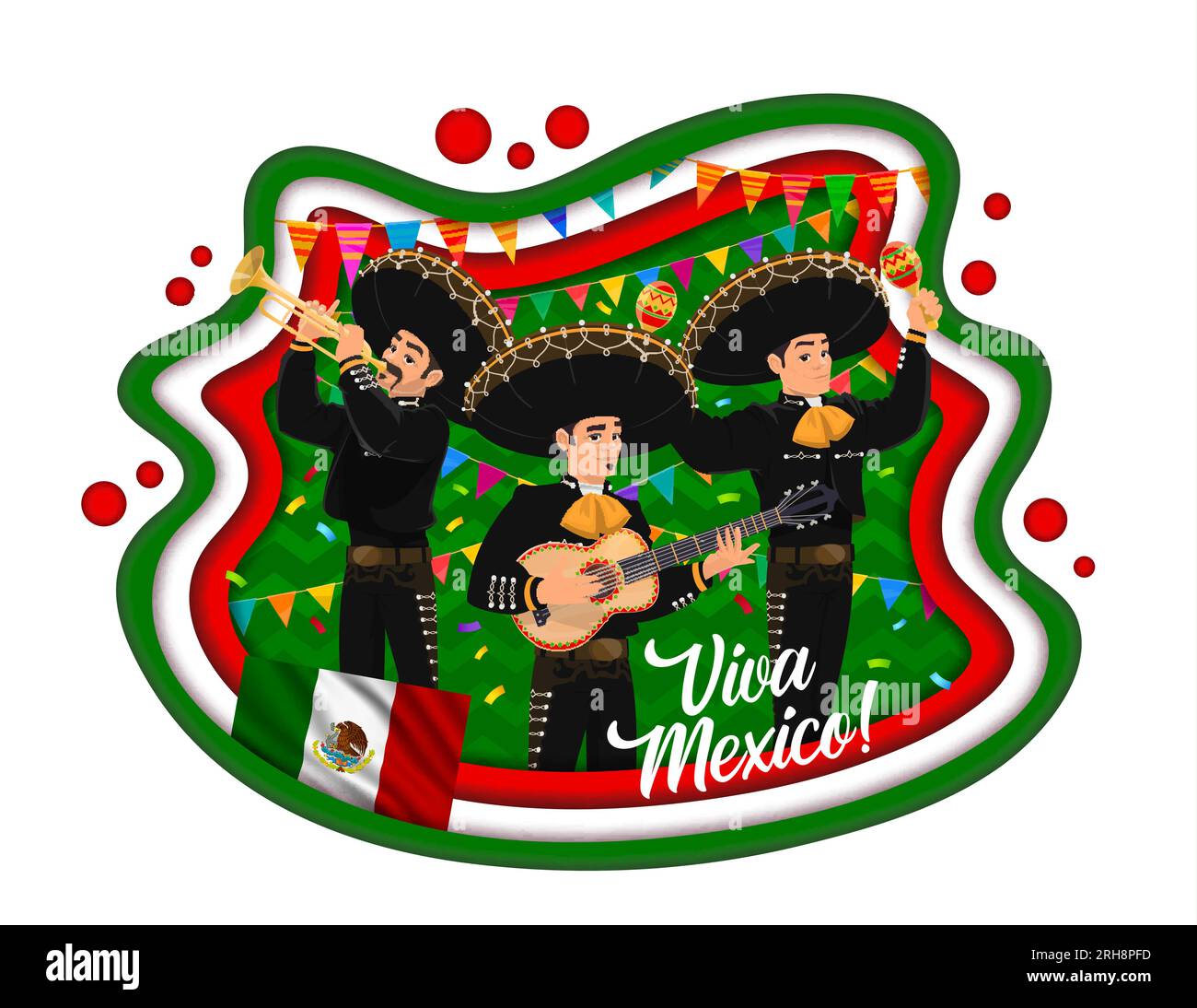 Bannière découpée en papier Viva mexico avec musiciens mariachi et vagues de drapeau mexicain. Trio bande en sombrero et costumes nationaux jouant de la guitare, trompette et maracas à l'intérieur du cadre vectoriel 3d avec guirlande drapeau Illustration de Vecteur