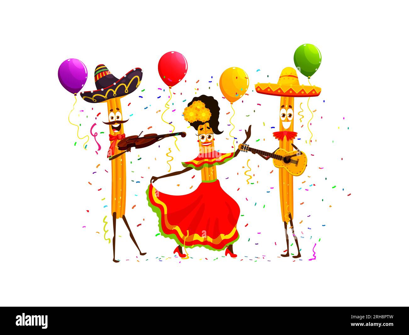 Personnages mexicains tex mex churros sur la fête de vacances. Vector Funny mariachi musiciens et danseuses gastronomiques apportent une joie festive avec leurs délicieuses friandises cannelle-sucre et leurs costumes vibrants Illustration de Vecteur