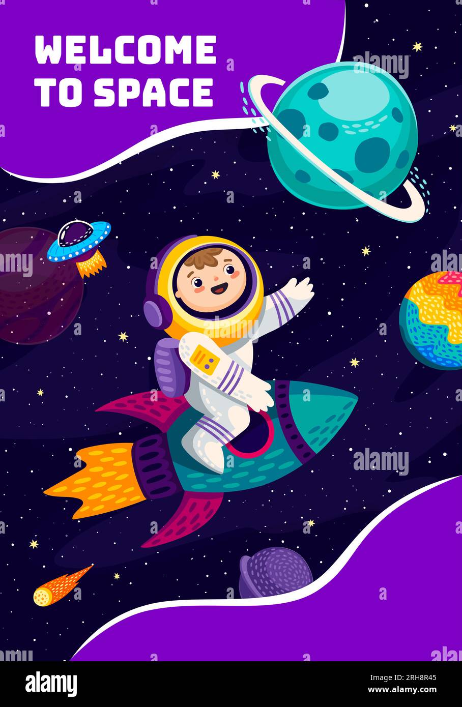 Bienvenue à la bannière d'espace. Personnage astronaute enfant voyage dans la galaxie lointaine. Vecteur de dessin animé enfant cosmonaute chevauchant la fusée dans l'univers extérieur avec des planètes, soucoupe d'ovni et des étoiles. Voyage interstellaire ou voyage Illustration de Vecteur