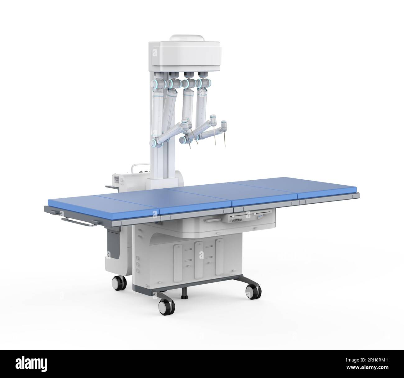 rendu 3d chirurgie assistée robotisée avec lit vide sur fond blanc Banque D'Images