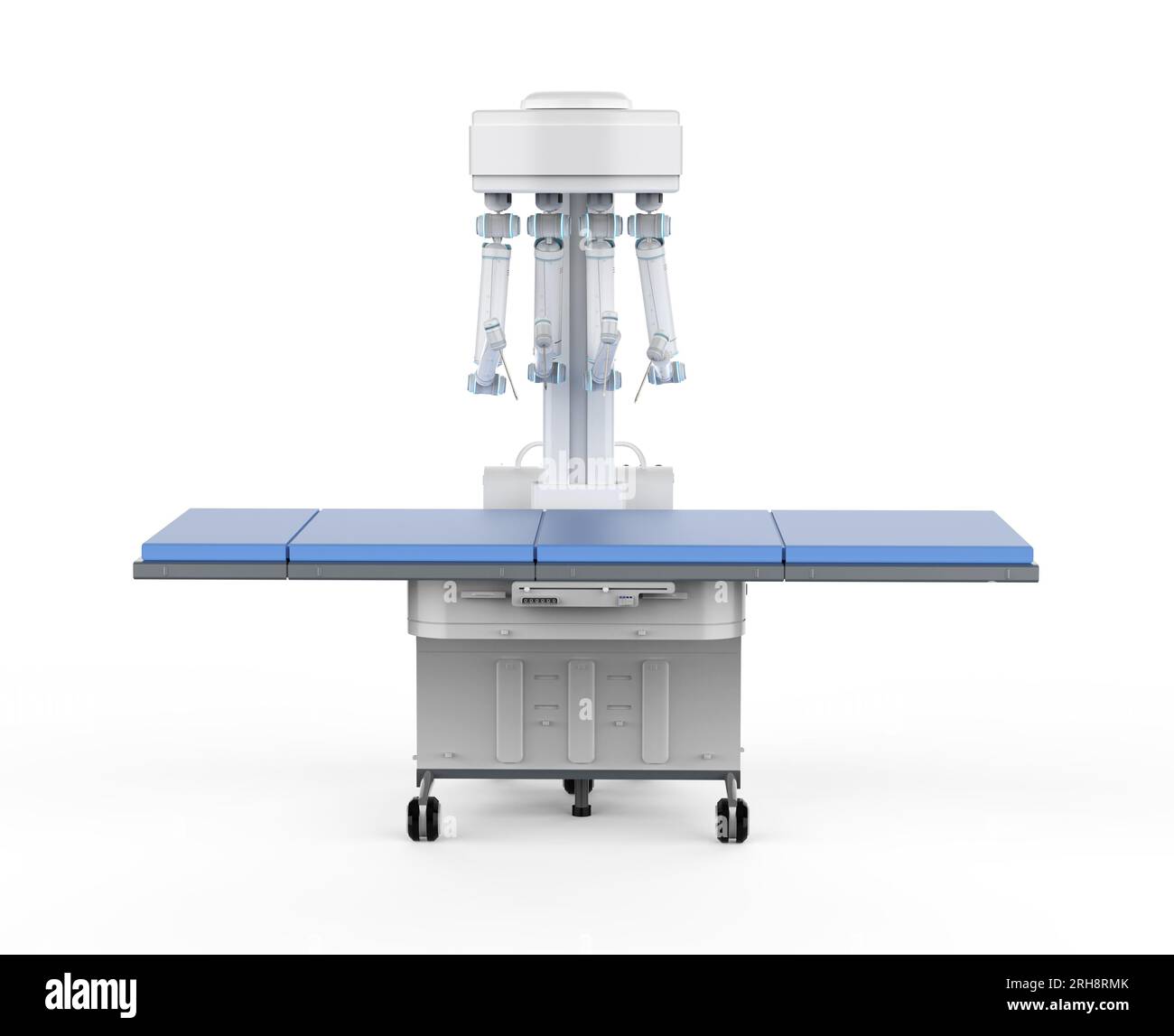 rendu 3d chirurgie assistée robotisée avec lit vide sur fond blanc Banque D'Images