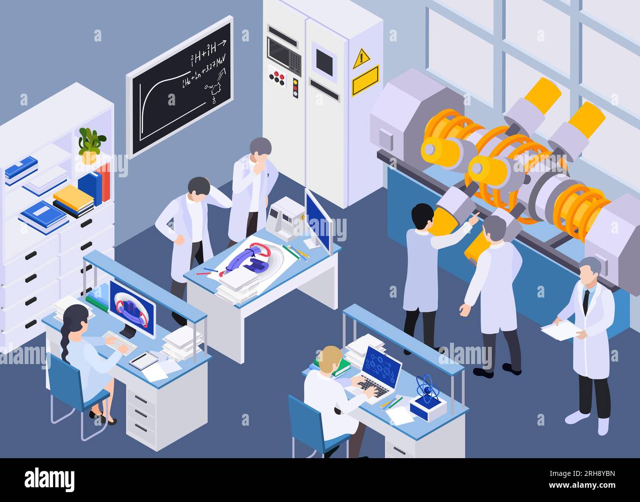 Composition isométrique de fission de fusion d'énergie nucléaire avec décor intérieur de laboratoire avec des ordinateurs et des personnages scientifiques illustration vectorielle Illustration de Vecteur