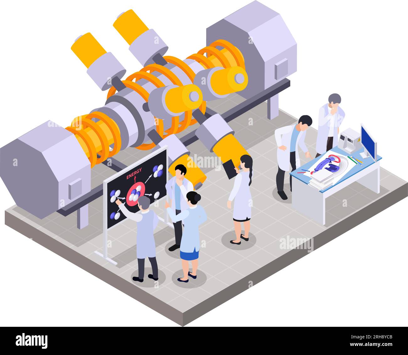 Composition isométrique de fission de fusion d'énergie nucléaire avec vue isolée de l'unité d'usine et groupe de scientifiques illustration vectorielle Illustration de Vecteur