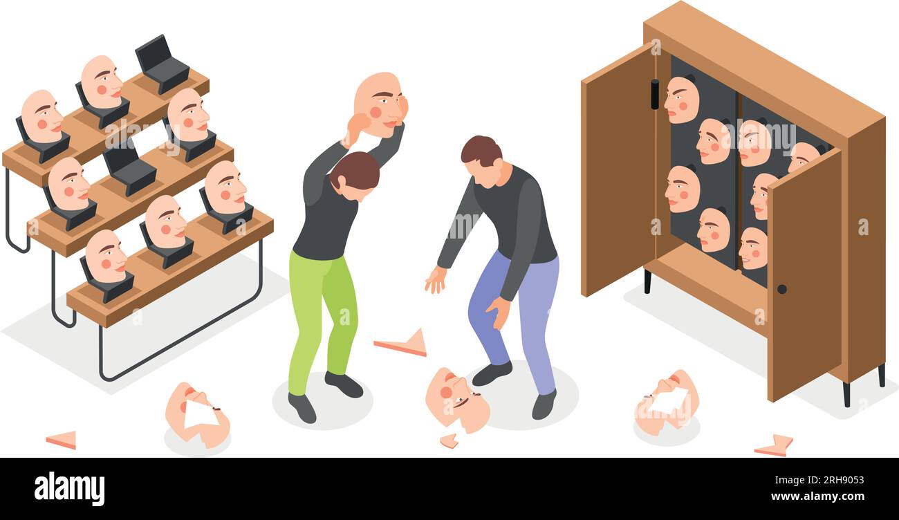 Les gens cassent des masques sociaux pour arrêter de cacher la personnalité et les émotions réelles sur la société isométrique illustration vectorielle de composition Illustration de Vecteur