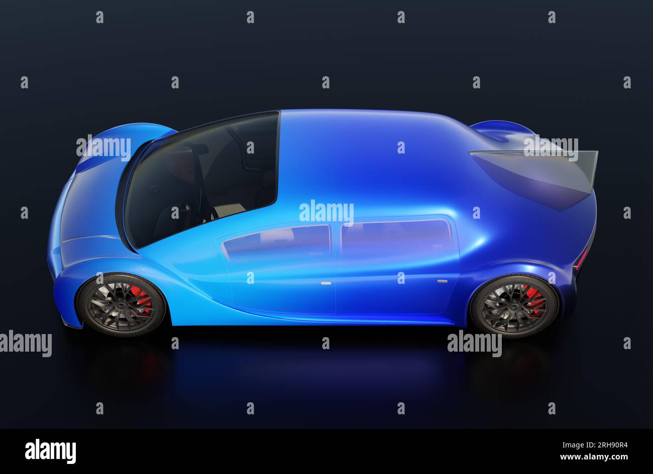 Vue latérale de Blue Electric car isolé sur fond noir. Conception générique, image de rendu 3D. Banque D'Images