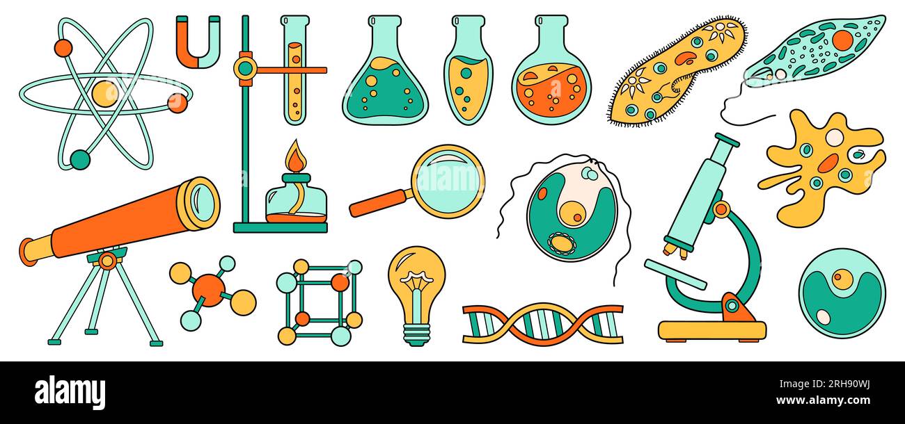 Ensemble d'école de sciences ou icônes d'éducation. Collection de dessins animés de laboratoire de chimie et de biologie. Microscope lumineux audacieux, atome de molécule, télescope, test Illustration de Vecteur