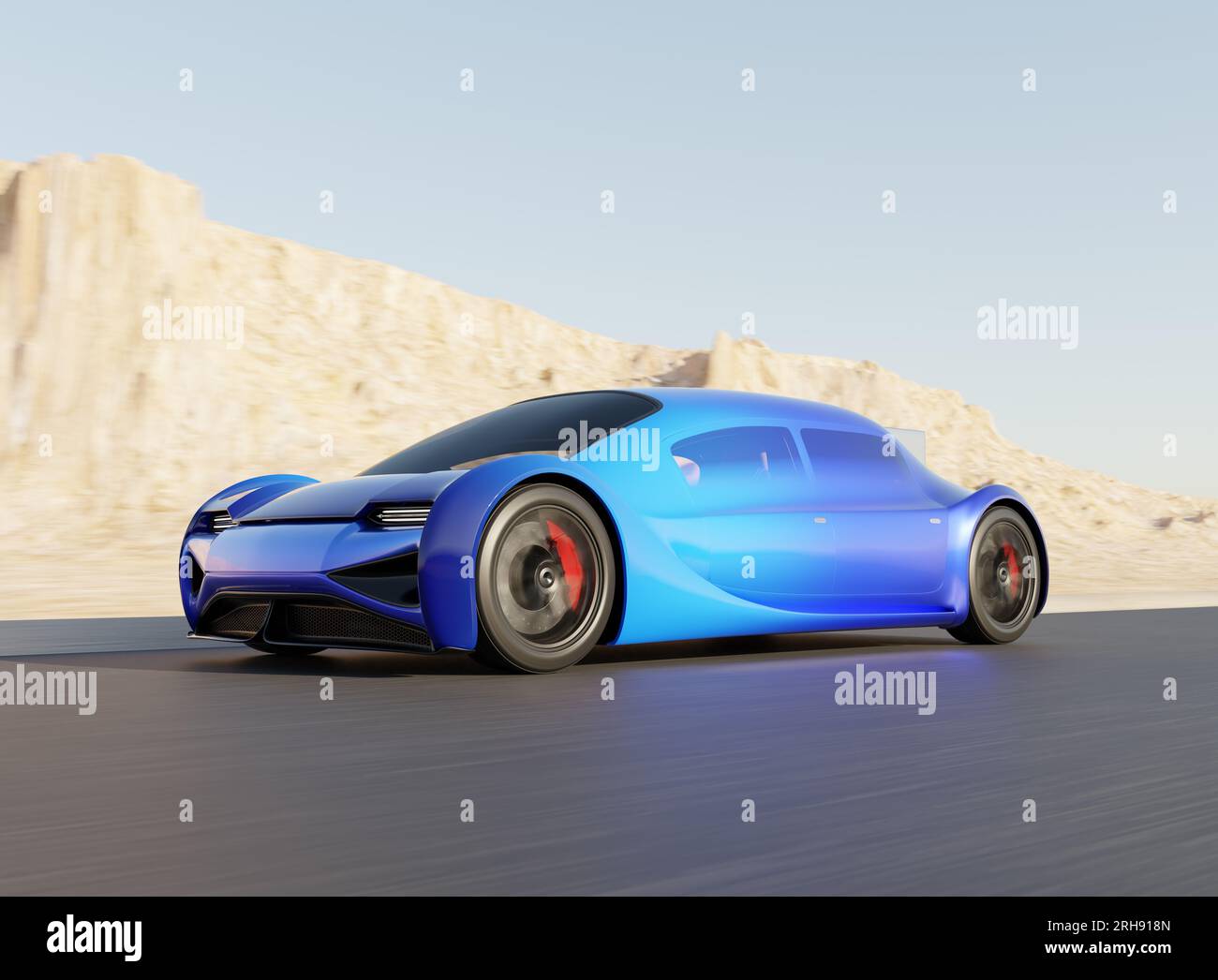 Voiture électrique bleue futuriste conduisant sur la route avec fond de désert. Conception générique, image de rendu 3D. Banque D'Images