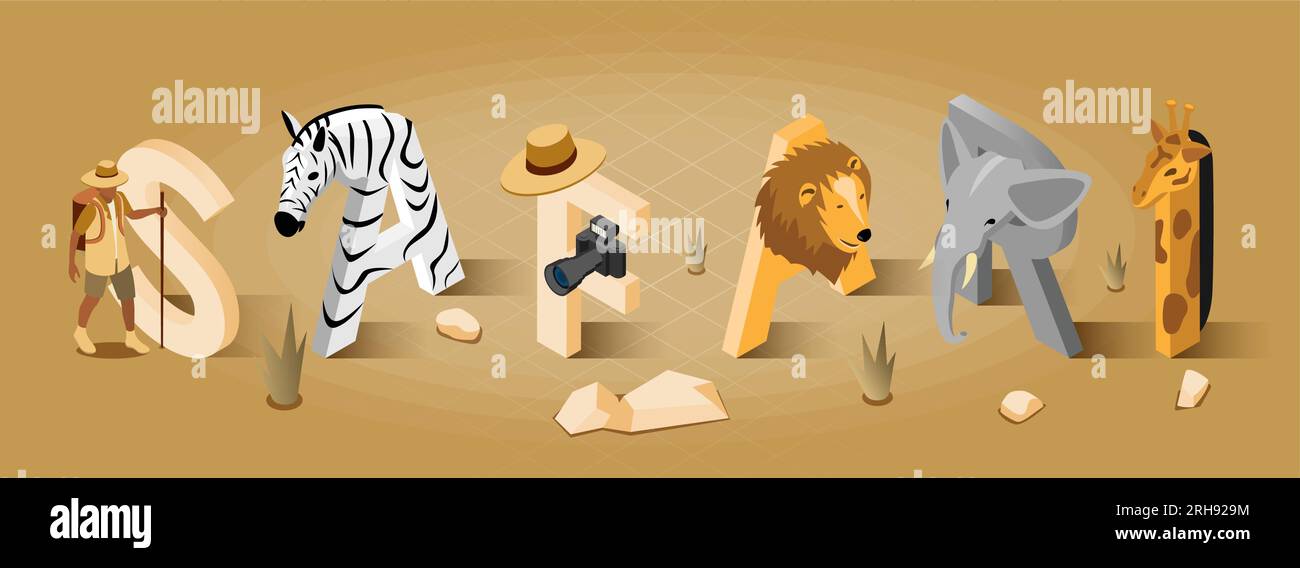 Concept touristique Safari avec illustration vectorielle isométrique des symboles zébrés d'éléphant et de lion Illustration de Vecteur