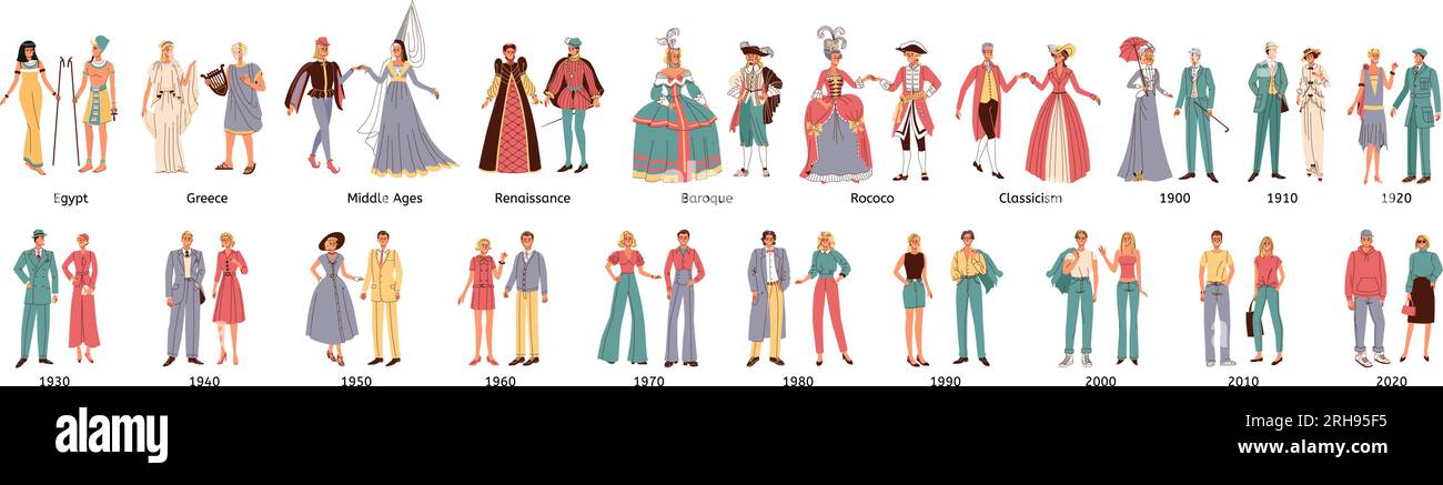 Histoire de la mode ensemble plat de couples humains habillés dans le style du moyen âge renaissance rococo baroque et des temps modernes illustration vectorielle isolée Illustration de Vecteur