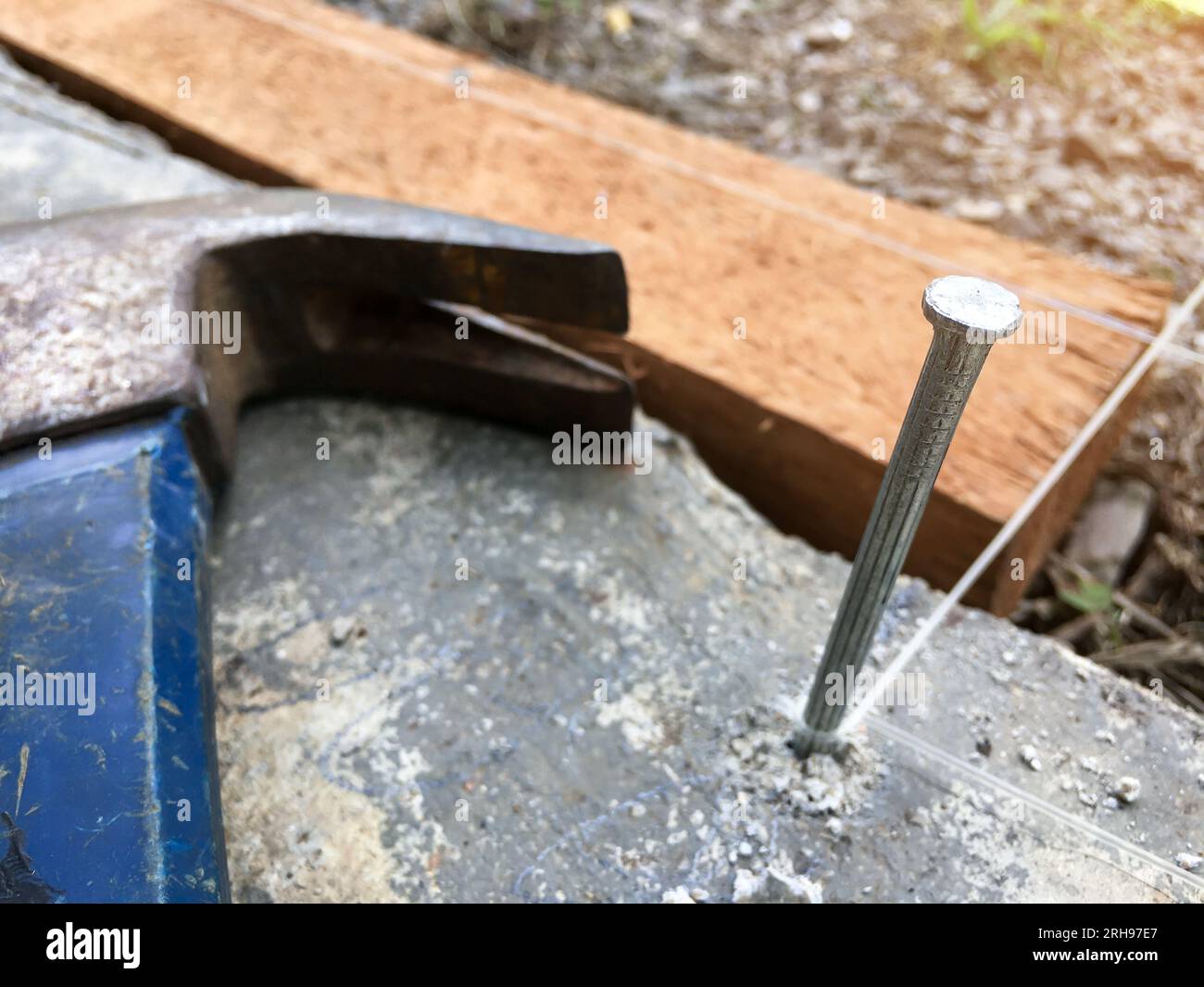 Clous de béton qui sont enfoncés dans le plancher de ciment pour attacher des cordes qui seront utilisés pour trouver la largeur et la longueur de la zone à utiliser dans la construction b Banque D'Images