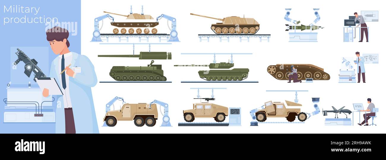 Composition plate de production militaire avec chars blindés véhicules de combat roquettes et drones illustration vectorielle Illustration de Vecteur