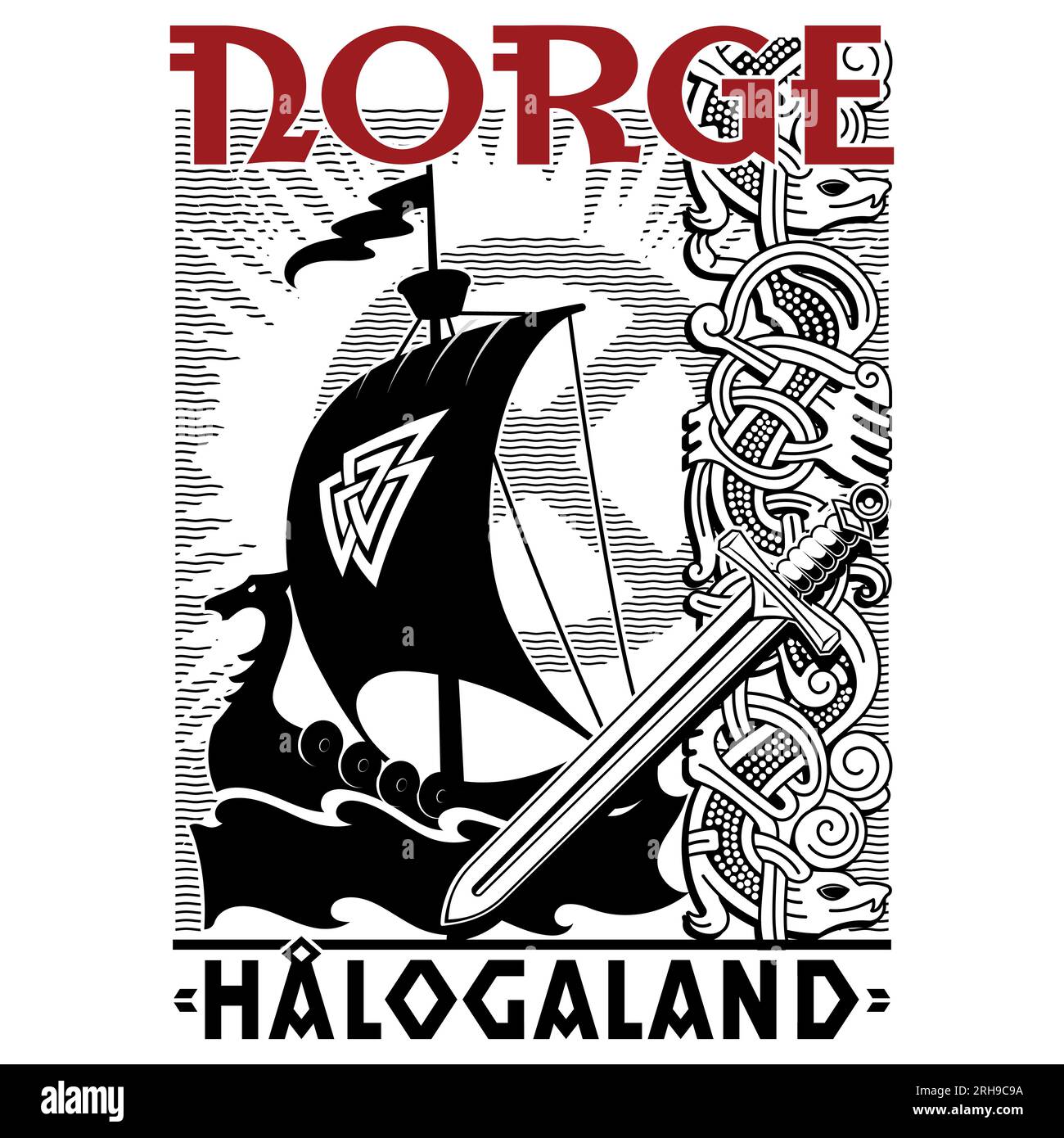 Design scandinave ancien. Navire viking Drakkar, épée, roue solaire, motif vieux norrois et inscription Norvège Illustration de Vecteur