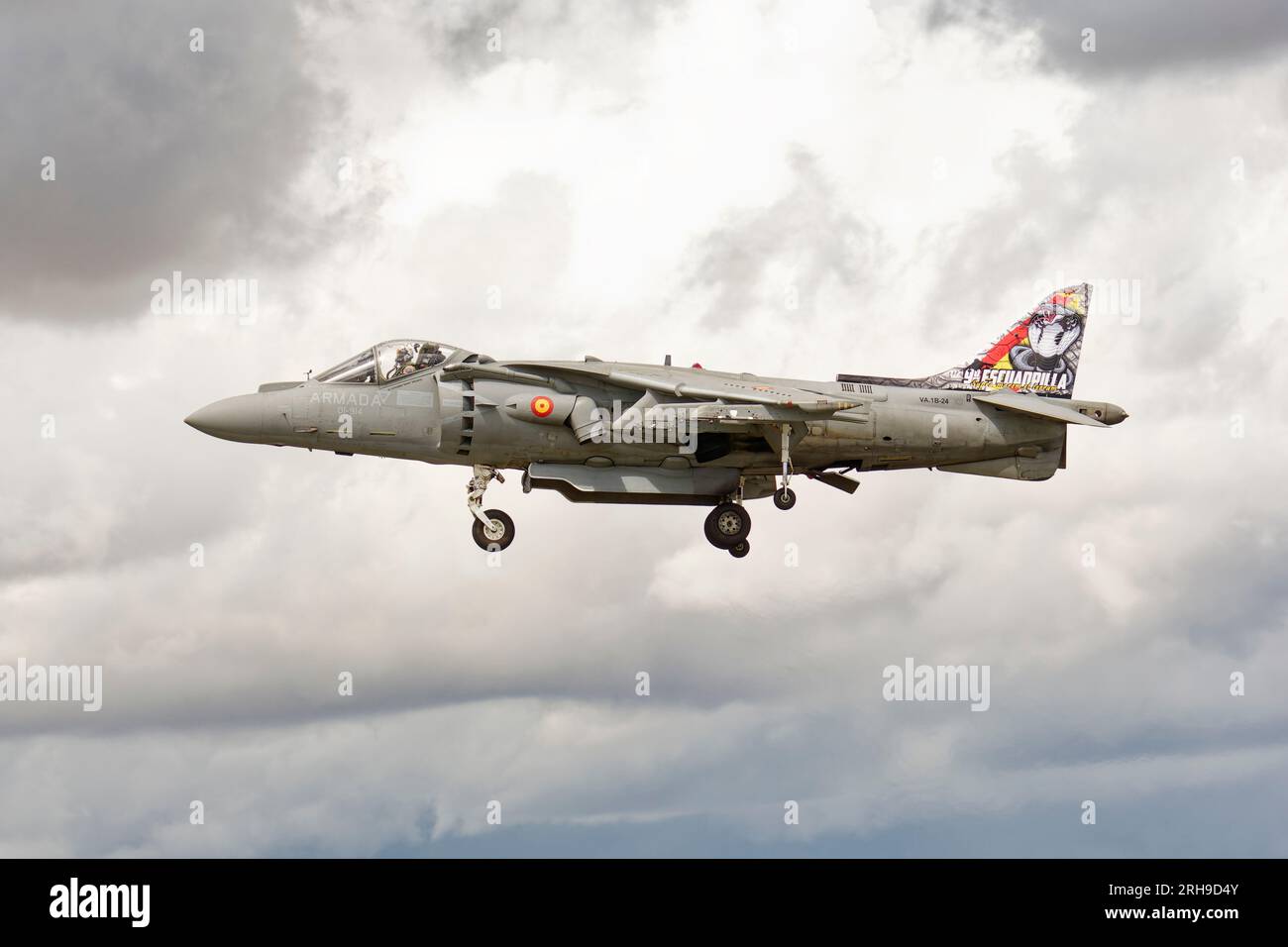 Arborant un dessin impressionnant de queue de serpent, ce McDonnell Douglas Harrier Jump Jet Fighter de la marine espagnole fait une démonstration au riat Banque D'Images