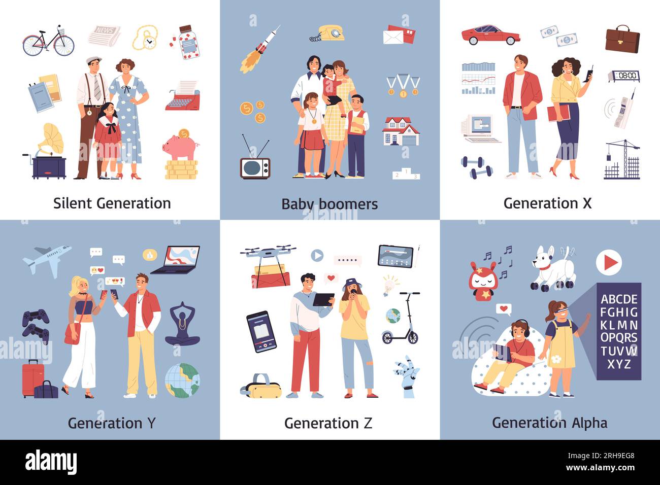Générations ensemble de six compositions carrées avec des icônes isolées et des personnages humains doodle représentant certaines illustrations vectorielles de génération Illustration de Vecteur