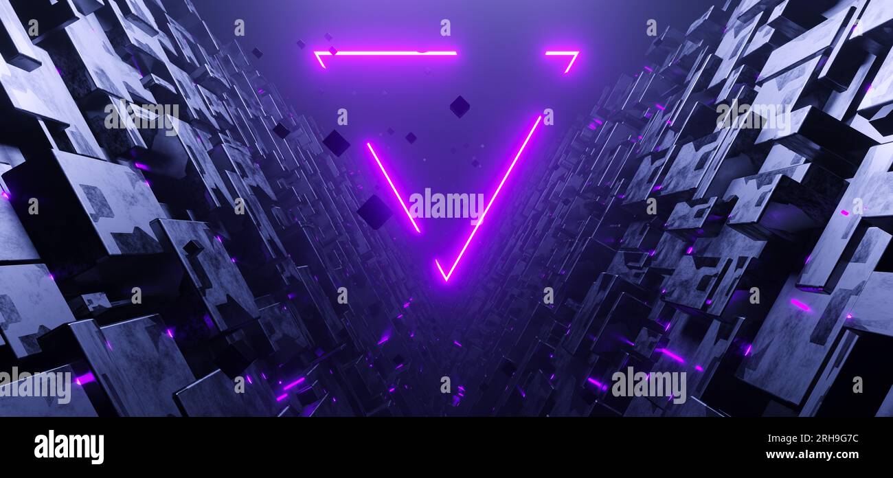 Tunnel triangulaire SCI-fi avec fond de concept de signe triangle néon Banque D'Images