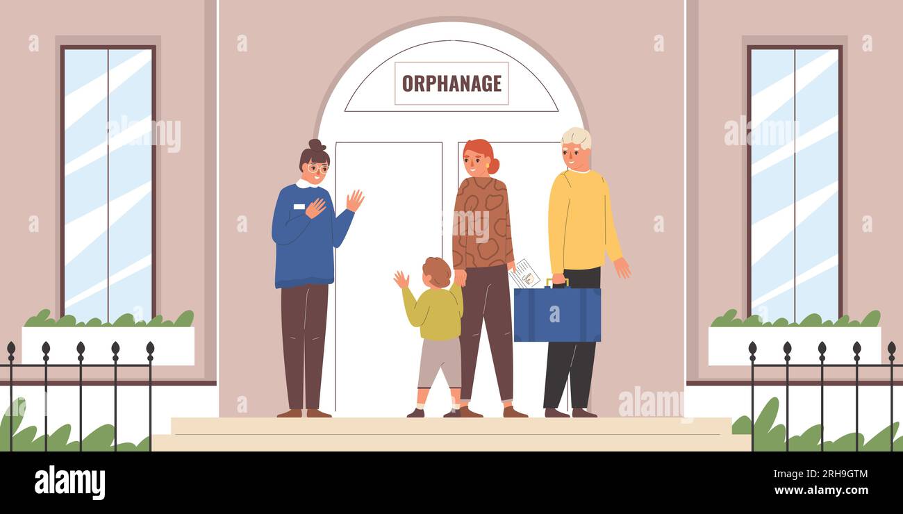Enfant adopté avec sa nouvelle famille disant au revoir à l'illustration vectorielle plate de travailleur d'orphelinat Illustration de Vecteur
