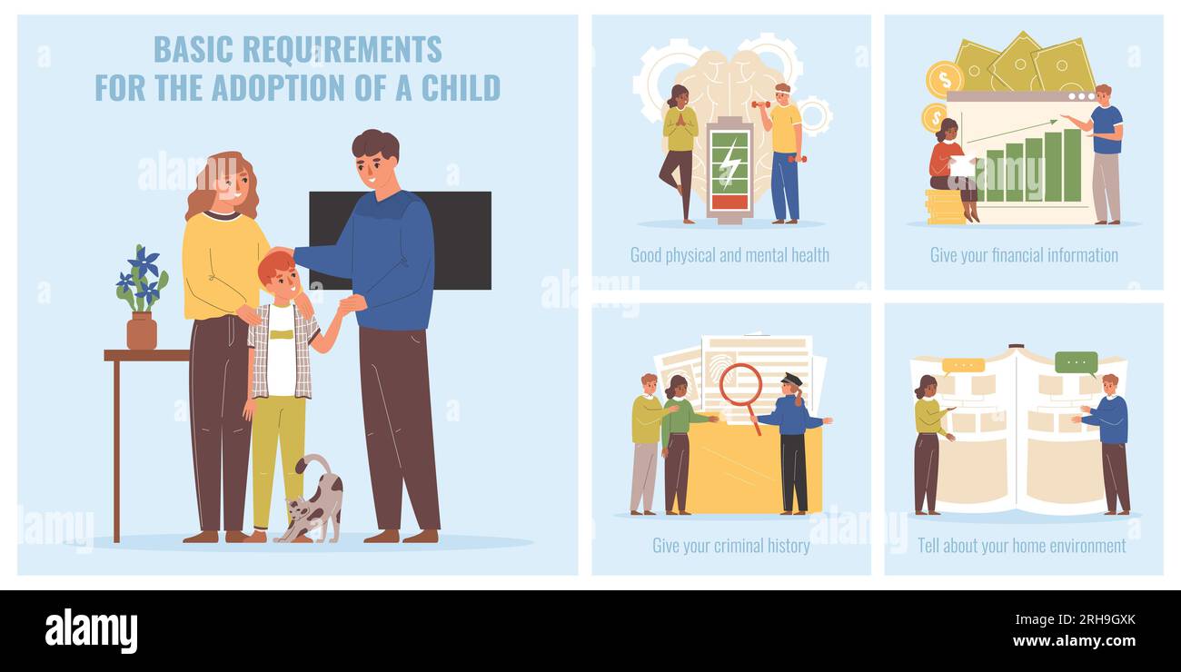 Affiche infographique plate d'adoption d'enfants à partir des exigences d'orphelinat avec la famille adoptive et l'illustration vectorielle d'enfants Illustration de Vecteur