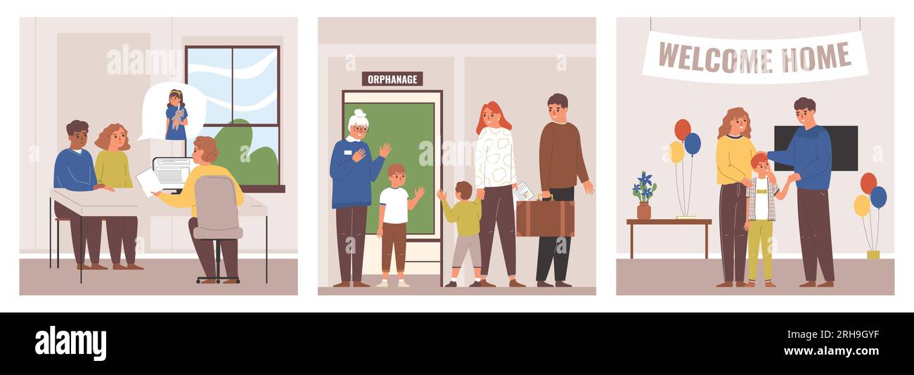 L'adoption d'enfants a mis la famille adoptant le garçon de l'orphelinat et l'accueillant à la maison plat illustration vectorielle isolée Illustration de Vecteur