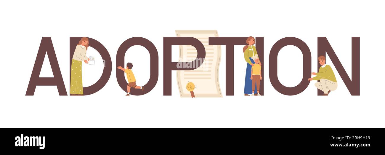 Bannière de texte plat d'adoption d'enfant avec des caractères humains d'orphelins et d'illustration vectorielle de personnes adultes Illustration de Vecteur
