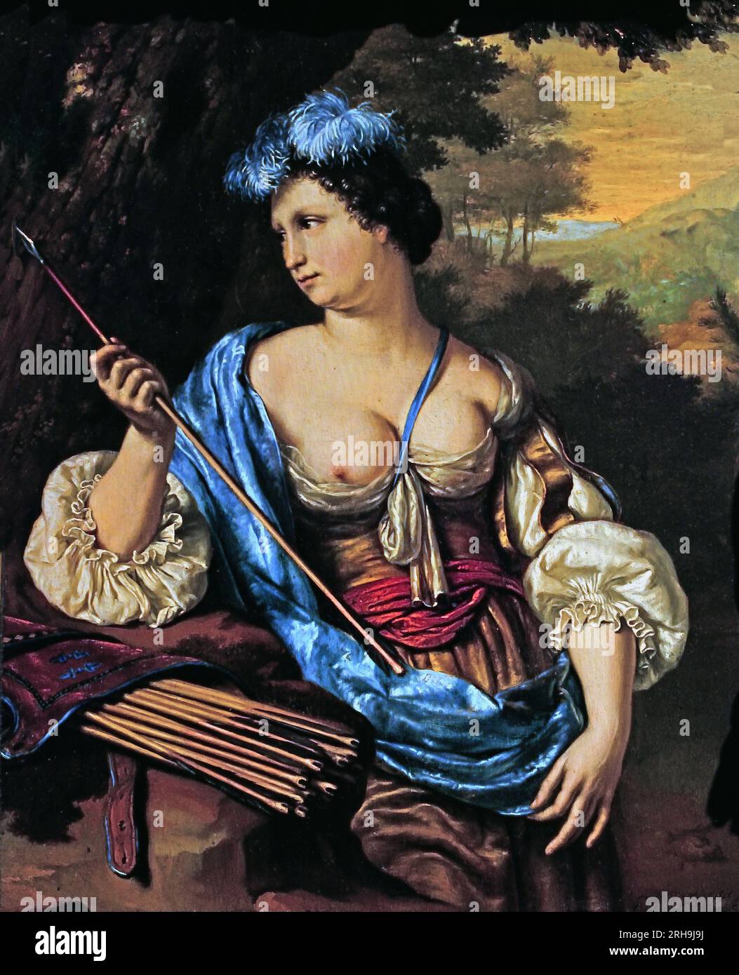 Diana, Déesse de la chasse, 1686, Willem van Mieris,(Leiden 1662 – 1747 Leiden), huile moyenne sur panneau Néerlandais, pays-Bas, Hollande. Banque D'Images