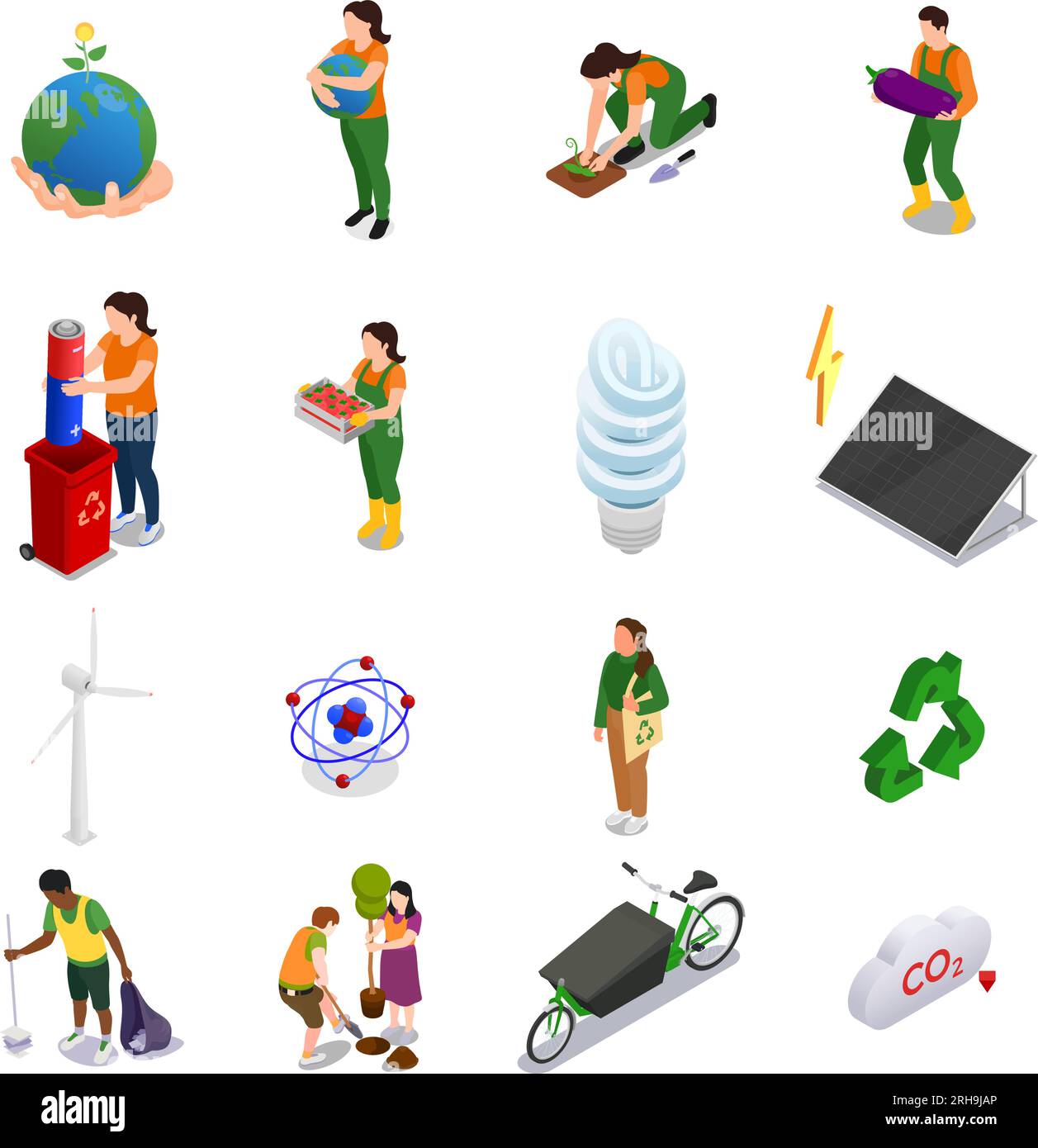 Icônes isométriques de conscience écologique ensemble avec des sources alternatives d'énergie et les personnes s'occupant de l'environnement isolé illustration vectorielle Illustration de Vecteur