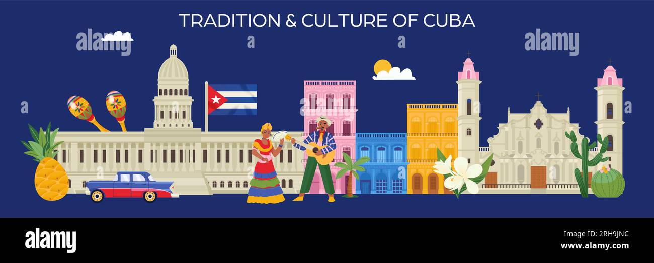 Tradition et culture de cuba bannière plate horizontale avec des monuments cubains flore et les gens sur fond bleu illustration vectorielle Illustration de Vecteur